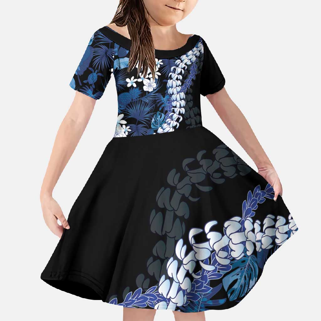 Polu Aloha Hawaii Lei Family Matching Mermaid Dress and Hawaiian Shirt Tropical Flowers Elegant Vibe LT14 Daughter's Dress Blue - Polynesian Pride