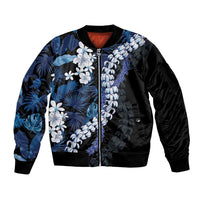 Polu Aloha Hawaii Lei Sleeve Zip Bomber Jacket Tropical Flowers Elegant Vibe LT14 Unisex Blue - Polynesian Pride