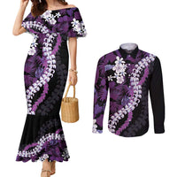 Poni Aloha Hawaii Lei Couples Matching Mermaid Dress and Long Sleeve Button Shirt Tropical Flowers Elegant Vibe - Polynesian Pride