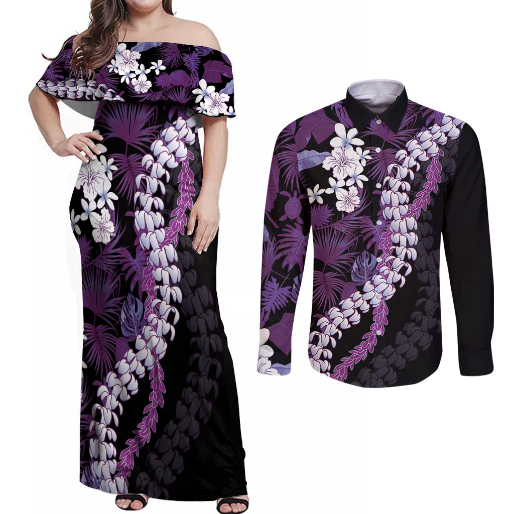 Poni Aloha Hawaii Lei Couples Matching Off Shoulder Maxi Dress and Long Sleeve Button Shirt Tropical Flowers Elegant Vibe - Polynesian Pride