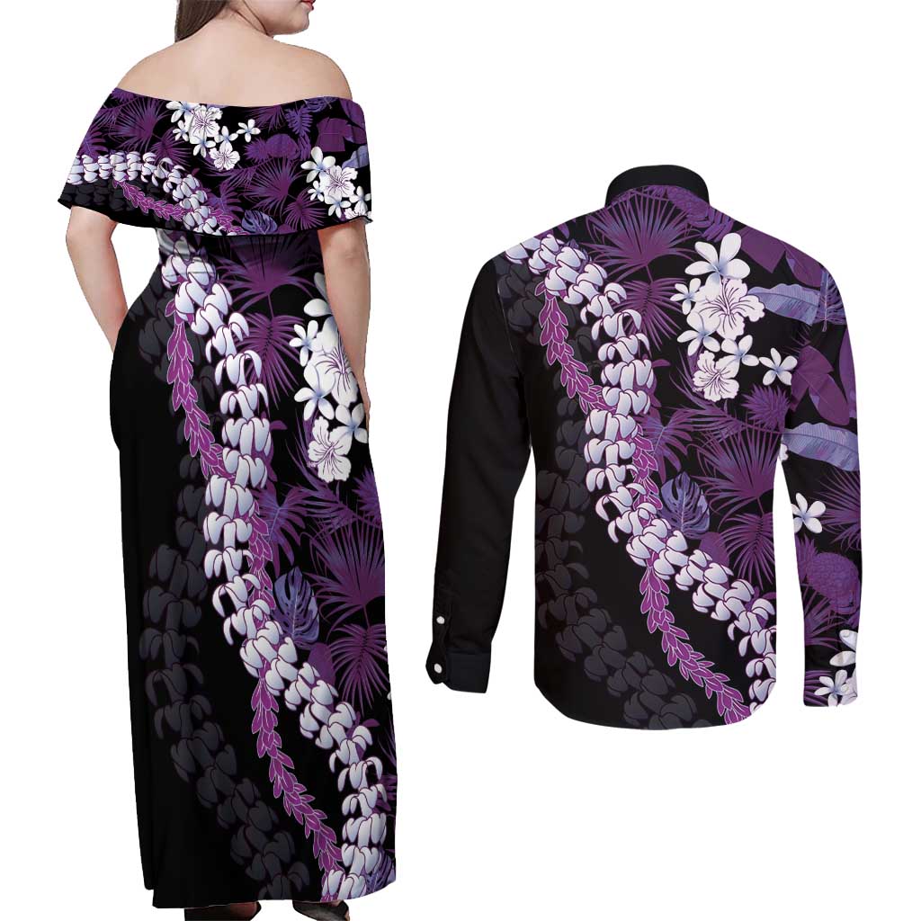 Poni Aloha Hawaii Lei Couples Matching Off Shoulder Maxi Dress and Long Sleeve Button Shirt Tropical Flowers Elegant Vibe - Polynesian Pride