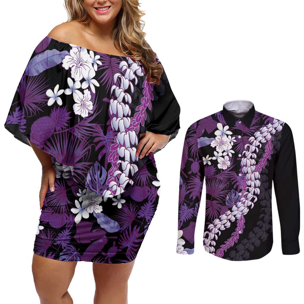 Poni Aloha Hawaii Lei Couples Matching Off Shoulder Short Dress and Long Sleeve Button Shirt Tropical Flowers Elegant Vibe - Polynesian Pride