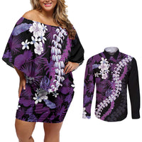 Poni Aloha Hawaii Lei Couples Matching Off Shoulder Short Dress and Long Sleeve Button Shirt Tropical Flowers Elegant Vibe - Polynesian Pride