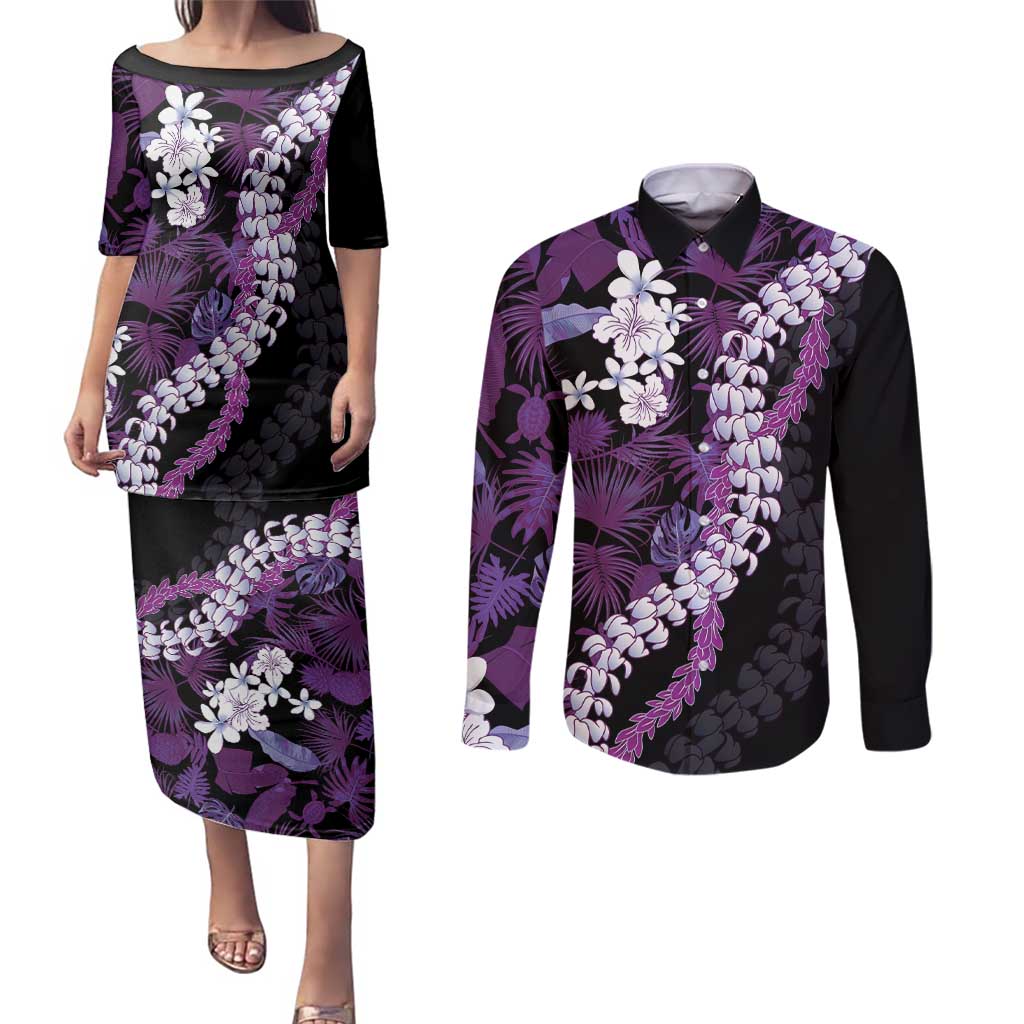 Poni Aloha Hawaii Lei Couples Matching Puletasi and Long Sleeve Button Shirt Tropical Flowers Elegant Vibe - Polynesian Pride