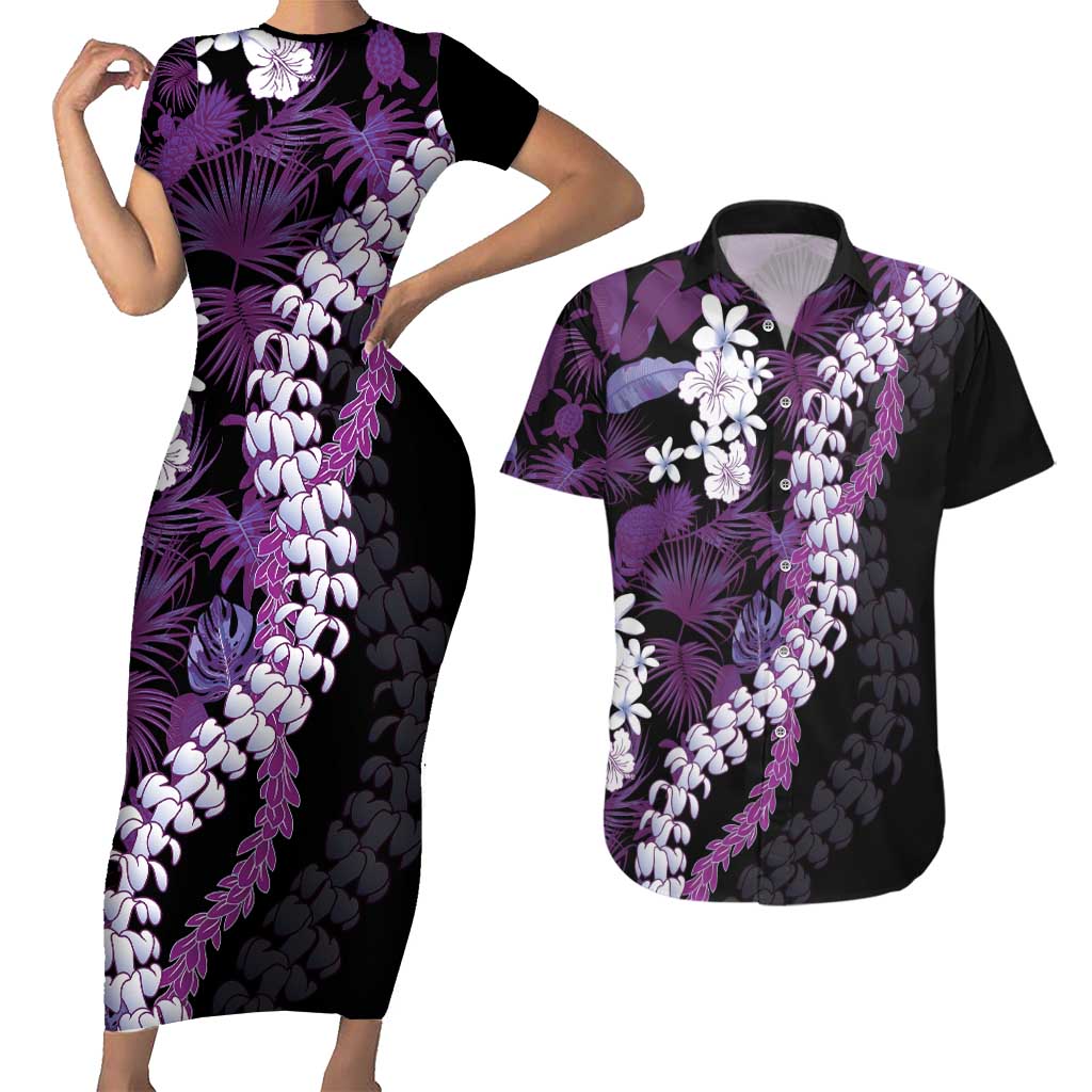 Poni Aloha Hawaii Lei Couples Matching Short Sleeve Bodycon Dress and Hawaiian Shirt Tropical Flowers Elegant Vibe - Polynesian Pride