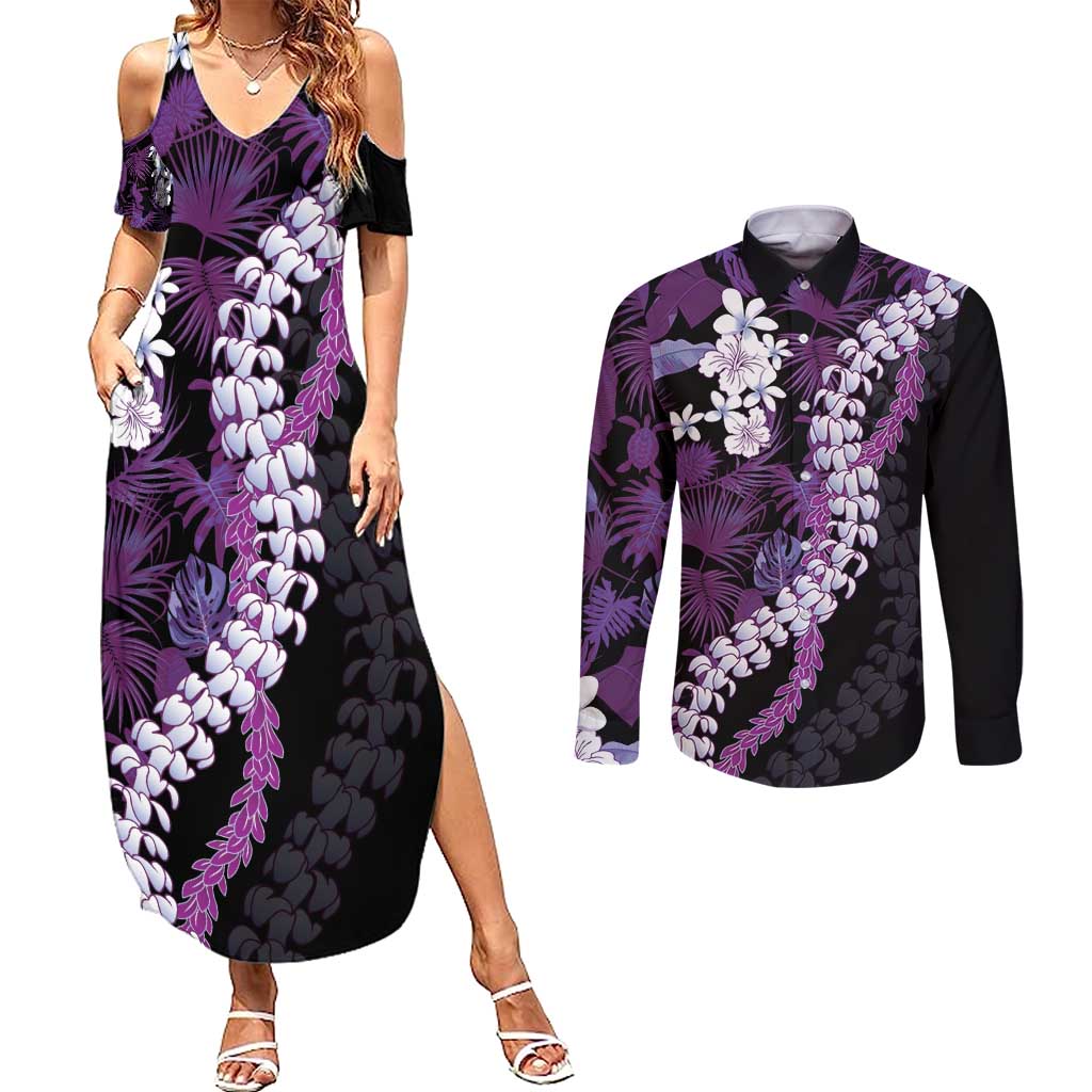 Poni Aloha Hawaii Lei Couples Matching Summer Maxi Dress and Long Sleeve Button Shirt Tropical Flowers Elegant Vibe - Polynesian Pride