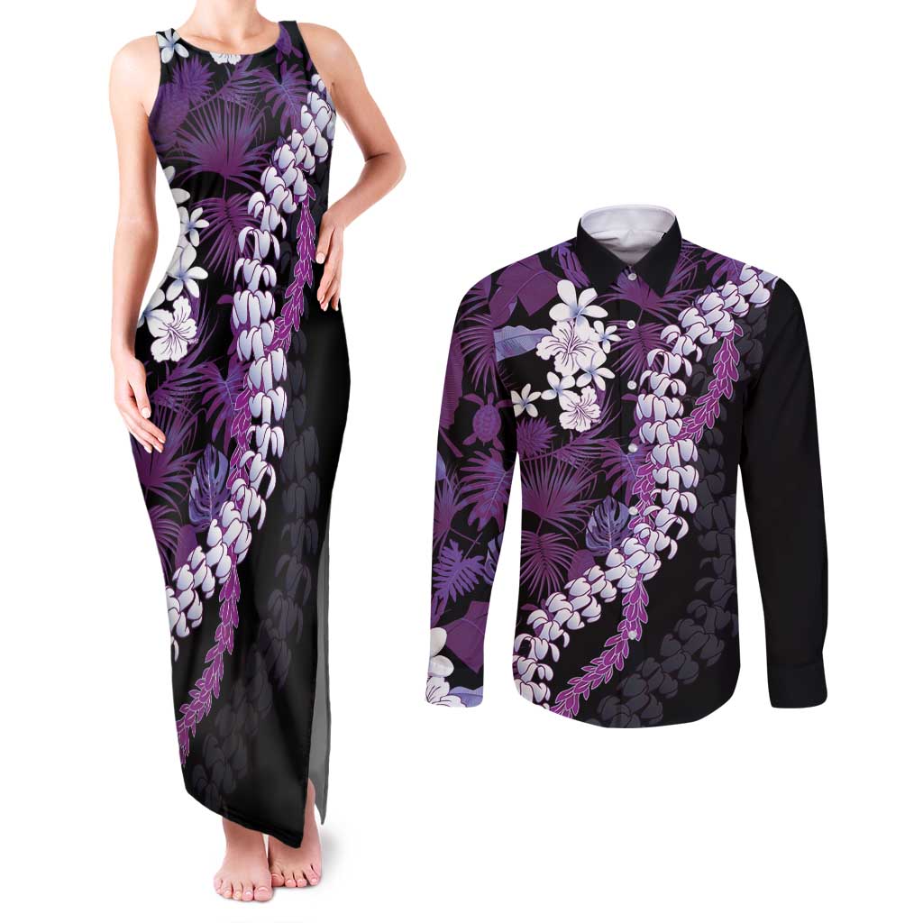 Poni Aloha Hawaii Lei Couples Matching Tank Maxi Dress and Long Sleeve Button Shirt Tropical Flowers Elegant Vibe - Polynesian Pride