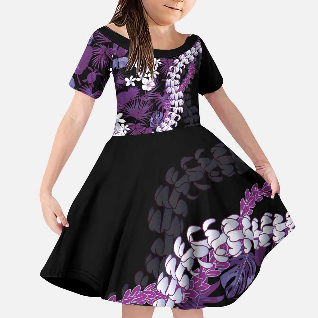 Poni Aloha Hawaii Lei Family Matching Puletasi and Hawaiian Shirt Tropical Flowers Elegant Vibe LT14 Daughter's Dress Purple - Polynesian Pride