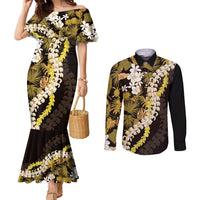 Kula Aloha Hawaii Lei Couples Matching Mermaid Dress and Long Sleeve Button Shirt Tropical Flowers Elegant Vibe - Polynesian Pride