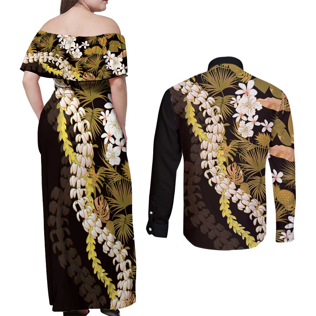 Kula Aloha Hawaii Lei Couples Matching Off Shoulder Maxi Dress and Long Sleeve Button Shirt Tropical Flowers Elegant Vibe - Polynesian Pride