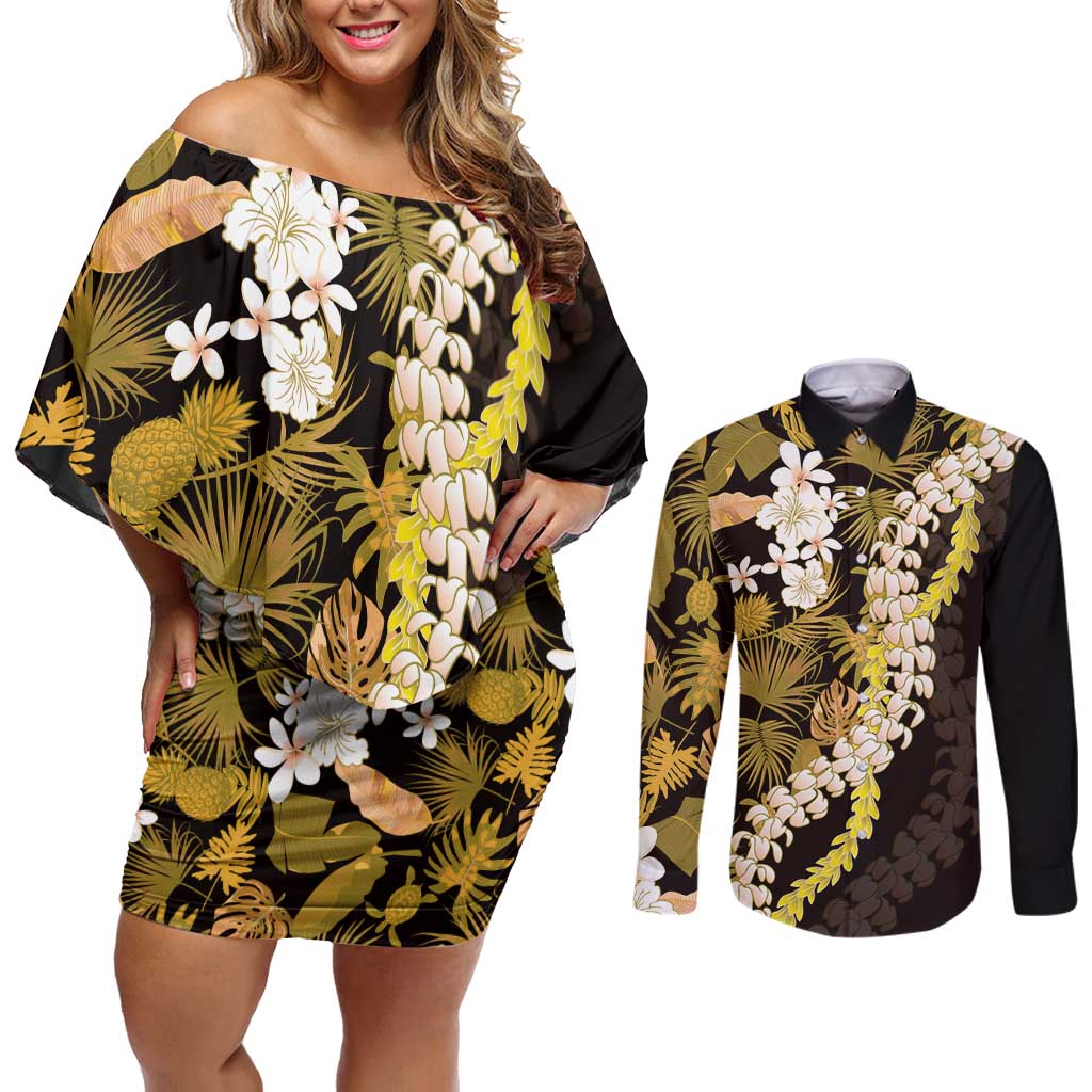 Kula Aloha Hawaii Lei Couples Matching Off Shoulder Short Dress and Long Sleeve Button Shirt Tropical Flowers Elegant Vibe - Polynesian Pride