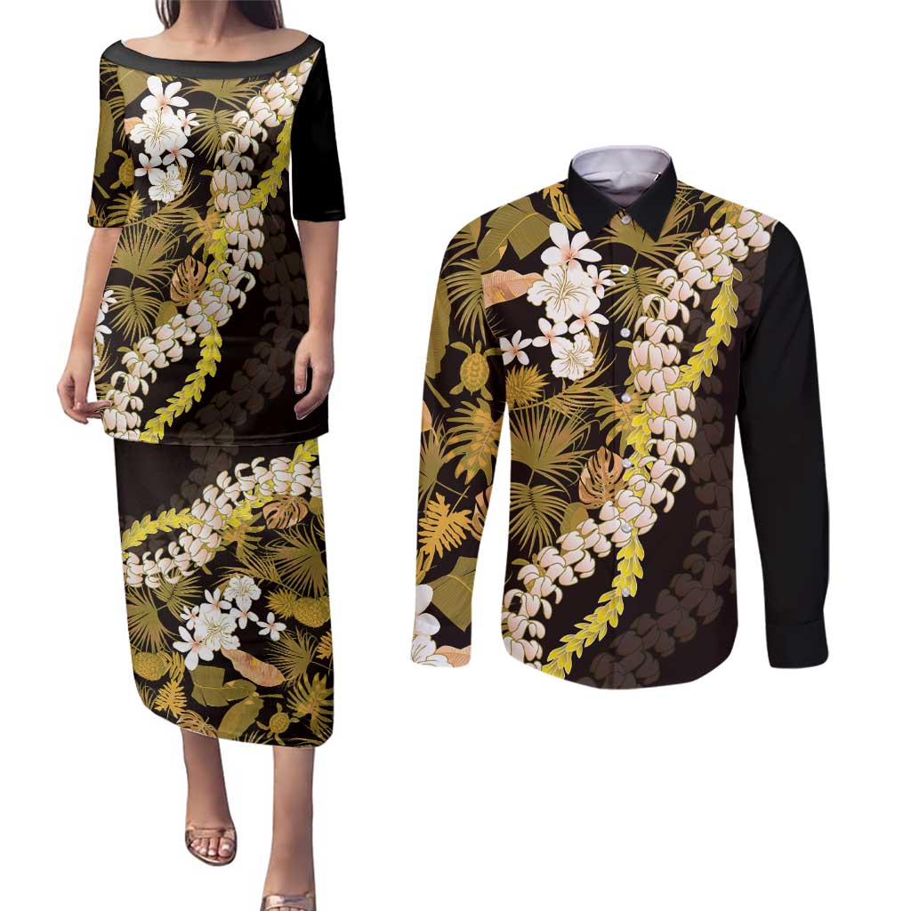 Kula Aloha Hawaii Lei Couples Matching Puletasi and Long Sleeve Button Shirt Tropical Flowers Elegant Vibe - Polynesian Pride