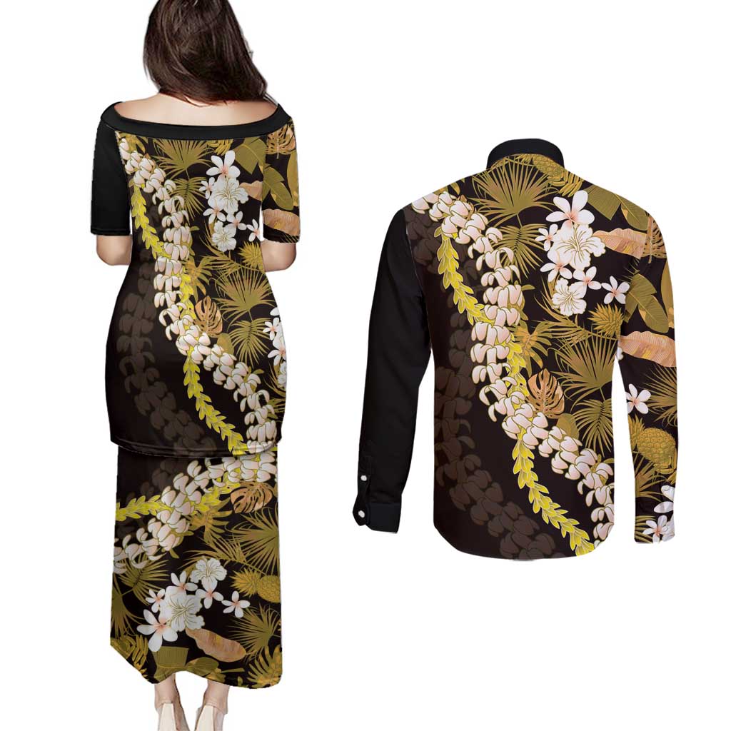 Kula Aloha Hawaii Lei Couples Matching Puletasi and Long Sleeve Button Shirt Tropical Flowers Elegant Vibe - Polynesian Pride