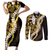 Kula Aloha Hawaii Lei Couples Matching Short Sleeve Bodycon Dress and Long Sleeve Button Shirt Tropical Flowers Elegant Vibe - Polynesian Pride