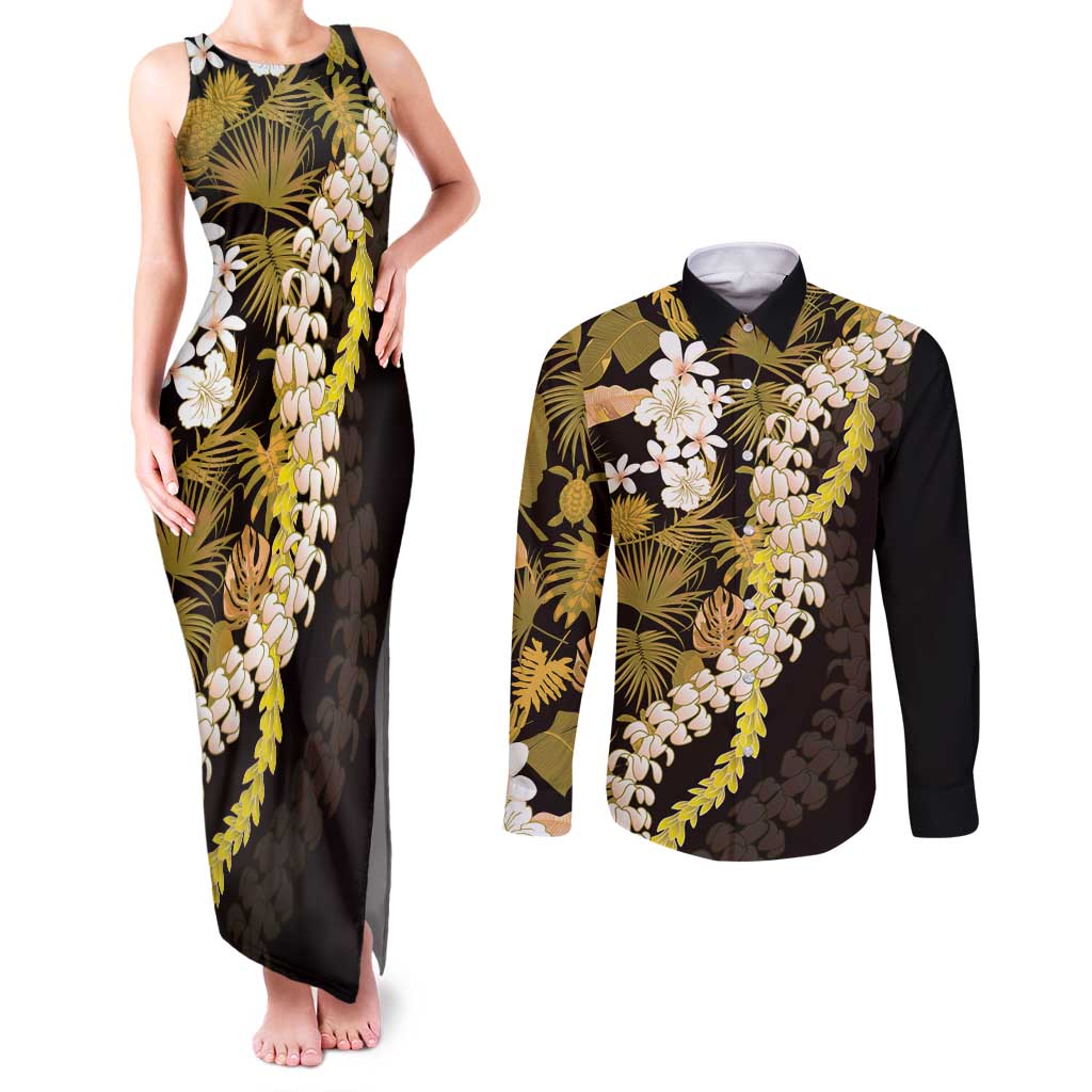 Kula Aloha Hawaii Lei Couples Matching Tank Maxi Dress and Long Sleeve Button Shirt Tropical Flowers Elegant Vibe - Polynesian Pride