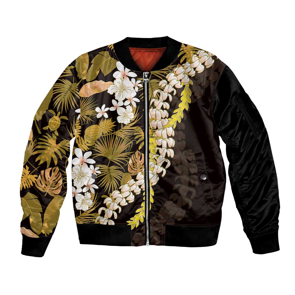 Kula Aloha Hawaii Lei Sleeve Zip Bomber Jacket Tropical Flowers Elegant Vibe LT14 Unisex Gold - Polynesian Pride