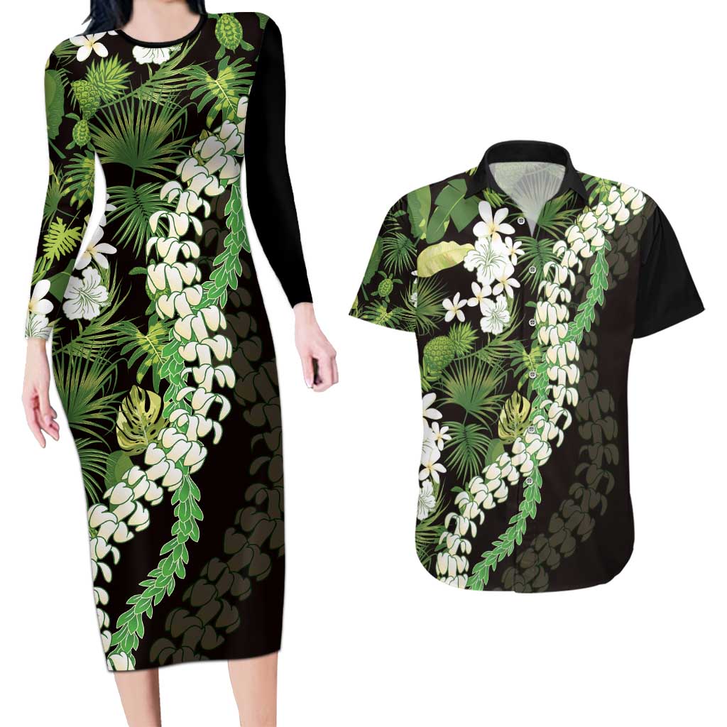 Omaomao Aloha Hawaii Lei Couples Matching Long Sleeve Bodycon Dress and Hawaiian Shirt Tropical Flowers Elegant Vibe - Polynesian Pride