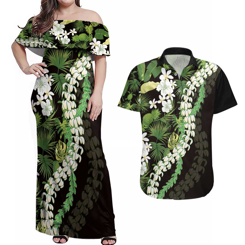 Omaomao Aloha Hawaii Lei Couples Matching Off Shoulder Maxi Dress and Hawaiian Shirt Tropical Flowers Elegant Vibe - Polynesian Pride