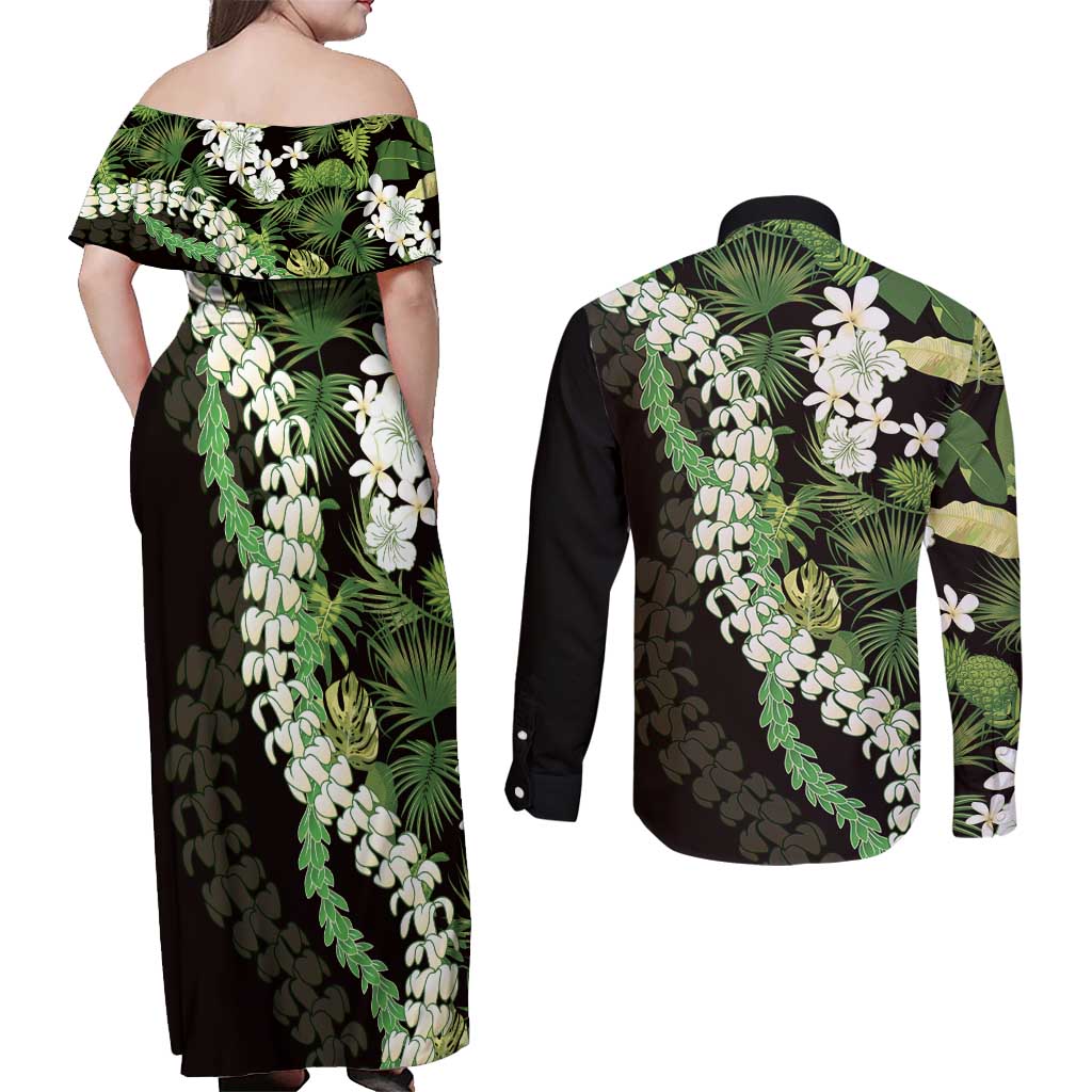 Omaomao Aloha Hawaii Lei Couples Matching Off Shoulder Maxi Dress and Long Sleeve Button Shirt Tropical Flowers Elegant Vibe - Polynesian Pride