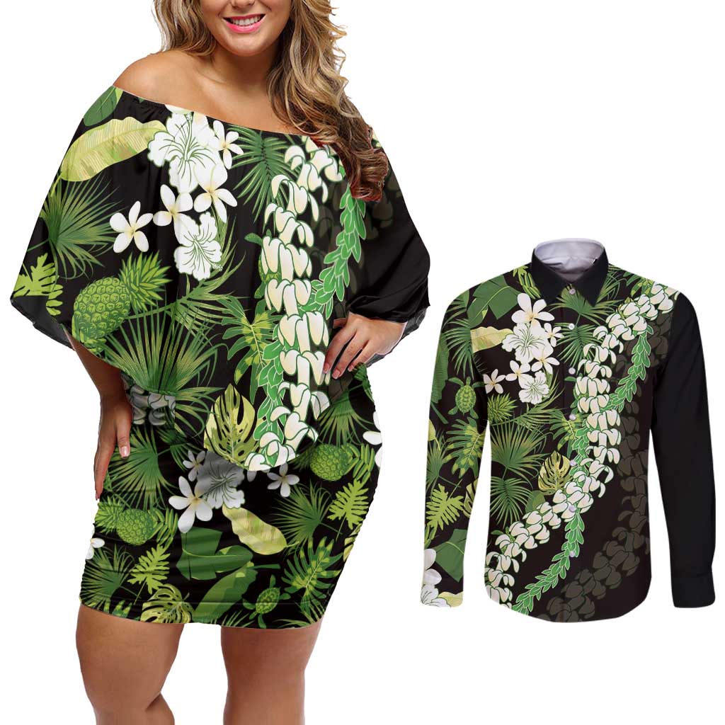 Omaomao Aloha Hawaii Lei Couples Matching Off Shoulder Short Dress and Long Sleeve Button Shirt Tropical Flowers Elegant Vibe - Polynesian Pride