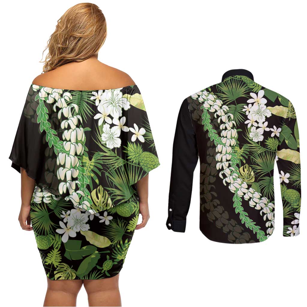 Omaomao Aloha Hawaii Lei Couples Matching Off Shoulder Short Dress and Long Sleeve Button Shirt Tropical Flowers Elegant Vibe - Polynesian Pride