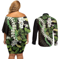 Omaomao Aloha Hawaii Lei Couples Matching Off Shoulder Short Dress and Long Sleeve Button Shirt Tropical Flowers Elegant Vibe - Polynesian Pride