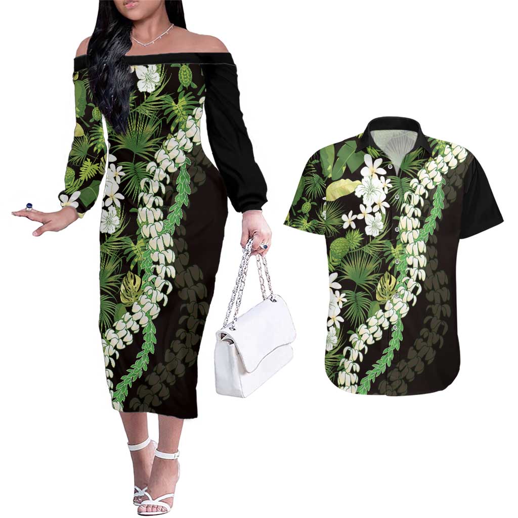 Omaomao Aloha Hawaii Lei Couples Matching Off The Shoulder Long Sleeve Dress and Hawaiian Shirt Tropical Flowers Elegant Vibe - Polynesian Pride