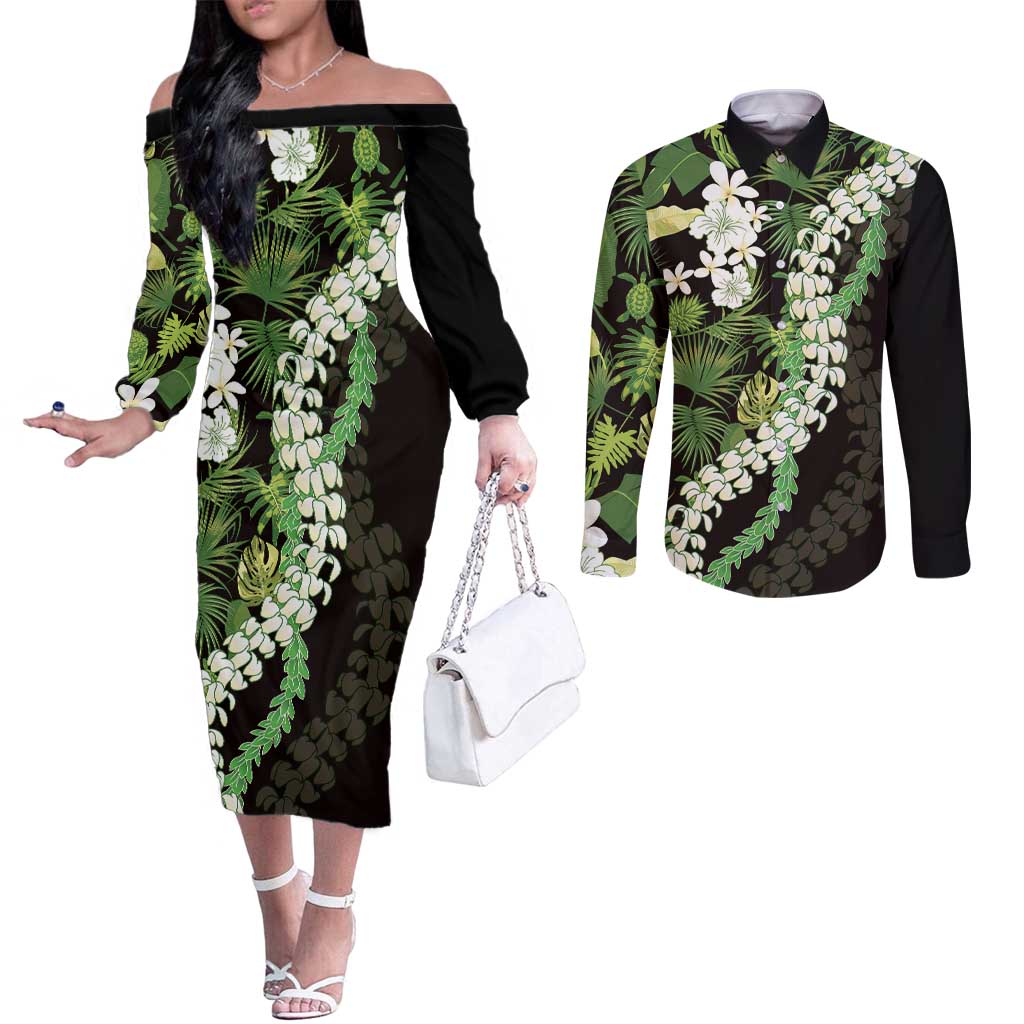 Omaomao Aloha Hawaii Lei Couples Matching Off The Shoulder Long Sleeve Dress and Long Sleeve Button Shirt Tropical Flowers Elegant Vibe - Polynesian Pride