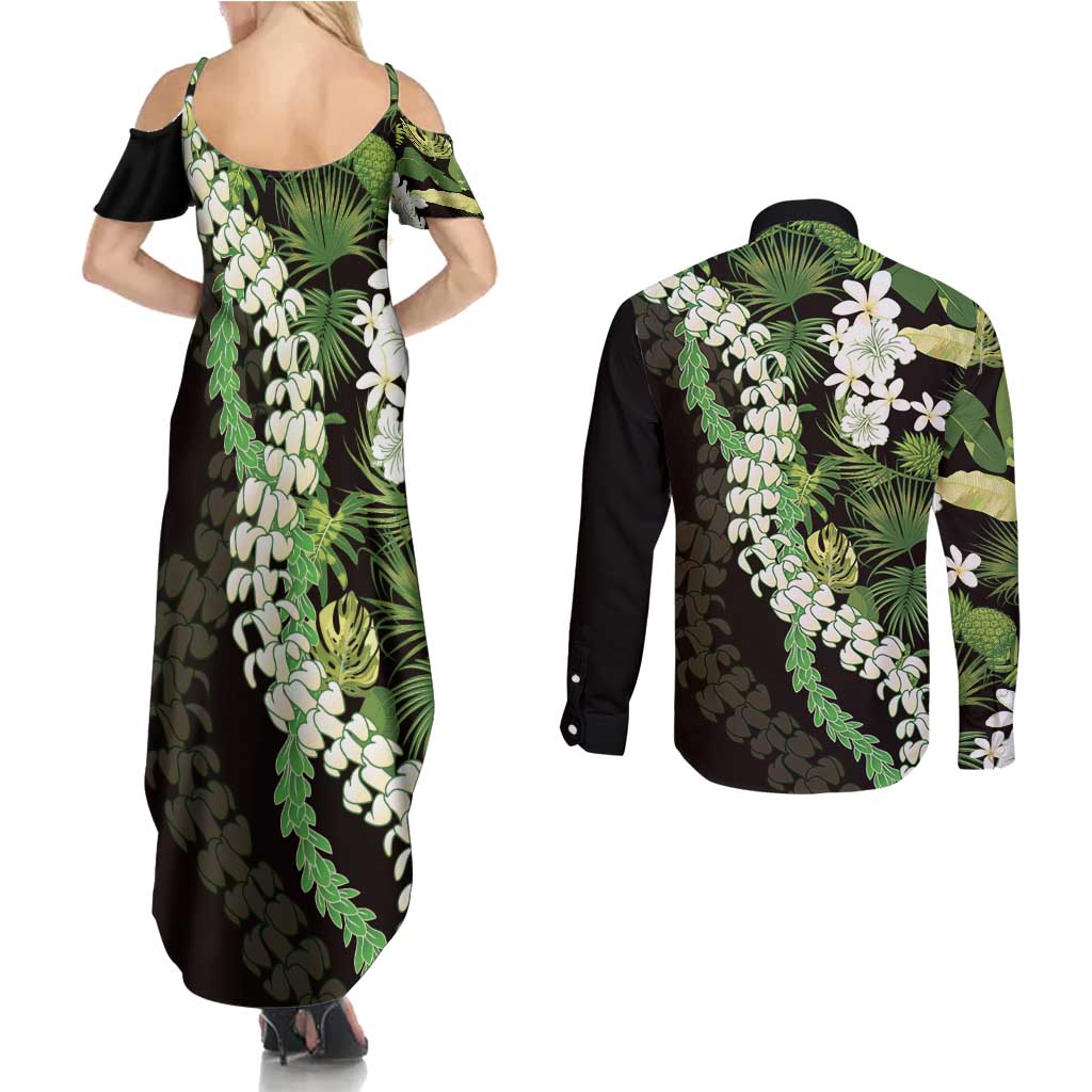 Omaomao Aloha Hawaii Lei Couples Matching Summer Maxi Dress and Long Sleeve Button Shirt Tropical Flowers Elegant Vibe - Polynesian Pride