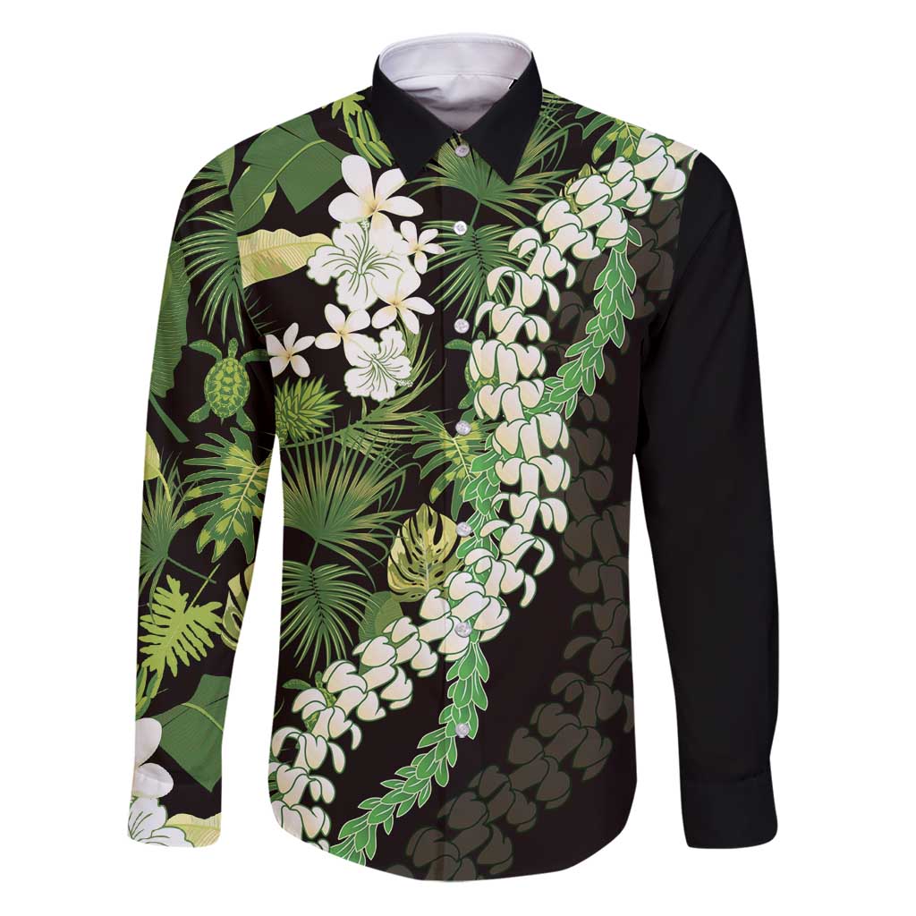 Omaomao Aloha Hawaii Lei Family Matching Puletasi and Hawaiian Shirt Tropical Flowers Elegant Vibe LT14 Dad's Shirt - Long Sleeve Green - Polynesian Pride