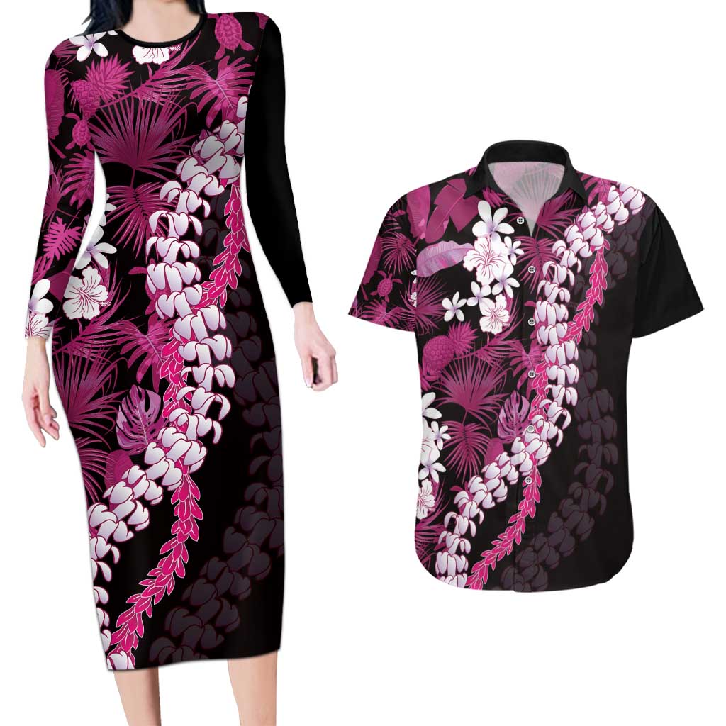 Akala Aloha Hawaii Lei Couples Matching Long Sleeve Bodycon Dress and Hawaiian Shirt Tropical Flowers Elegant Vibe - Polynesian Pride