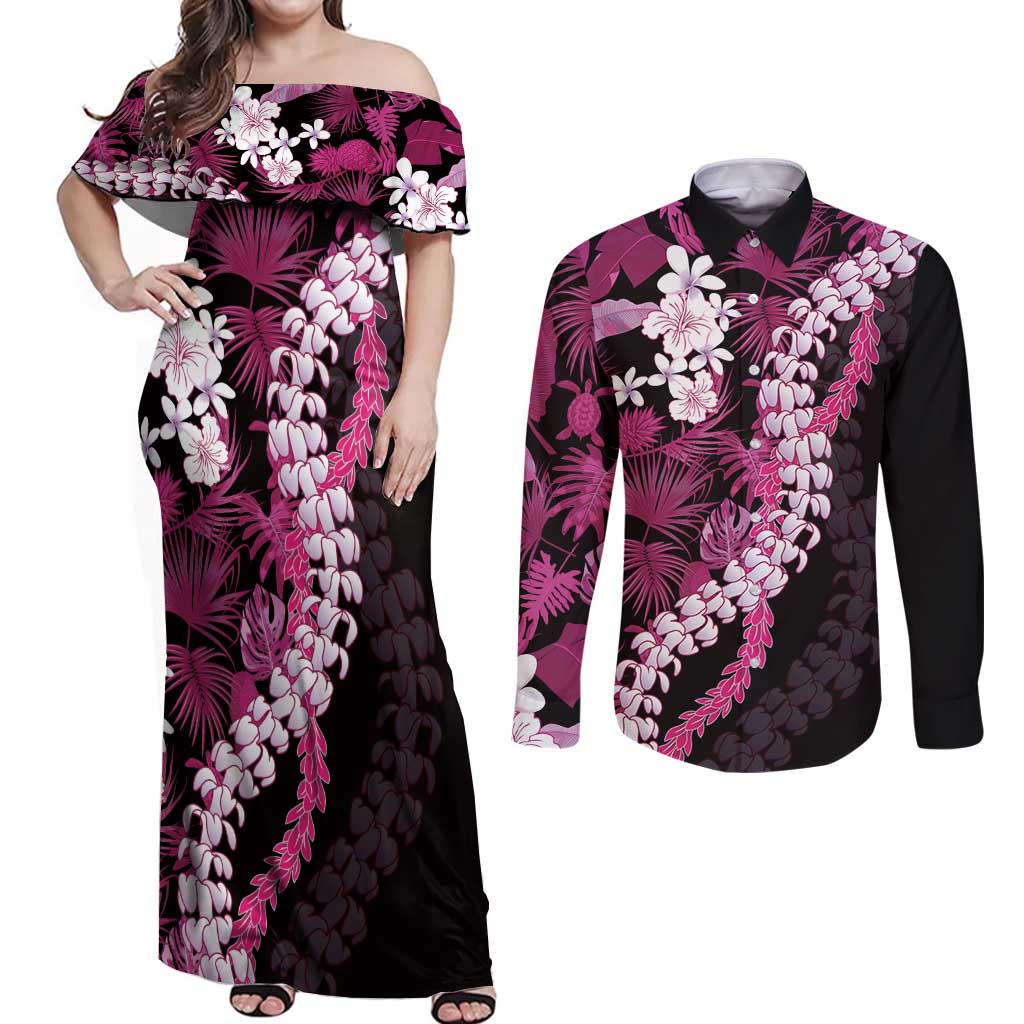 Akala Aloha Hawaii Lei Couples Matching Off Shoulder Maxi Dress and Long Sleeve Button Shirt Tropical Flowers Elegant Vibe - Polynesian Pride