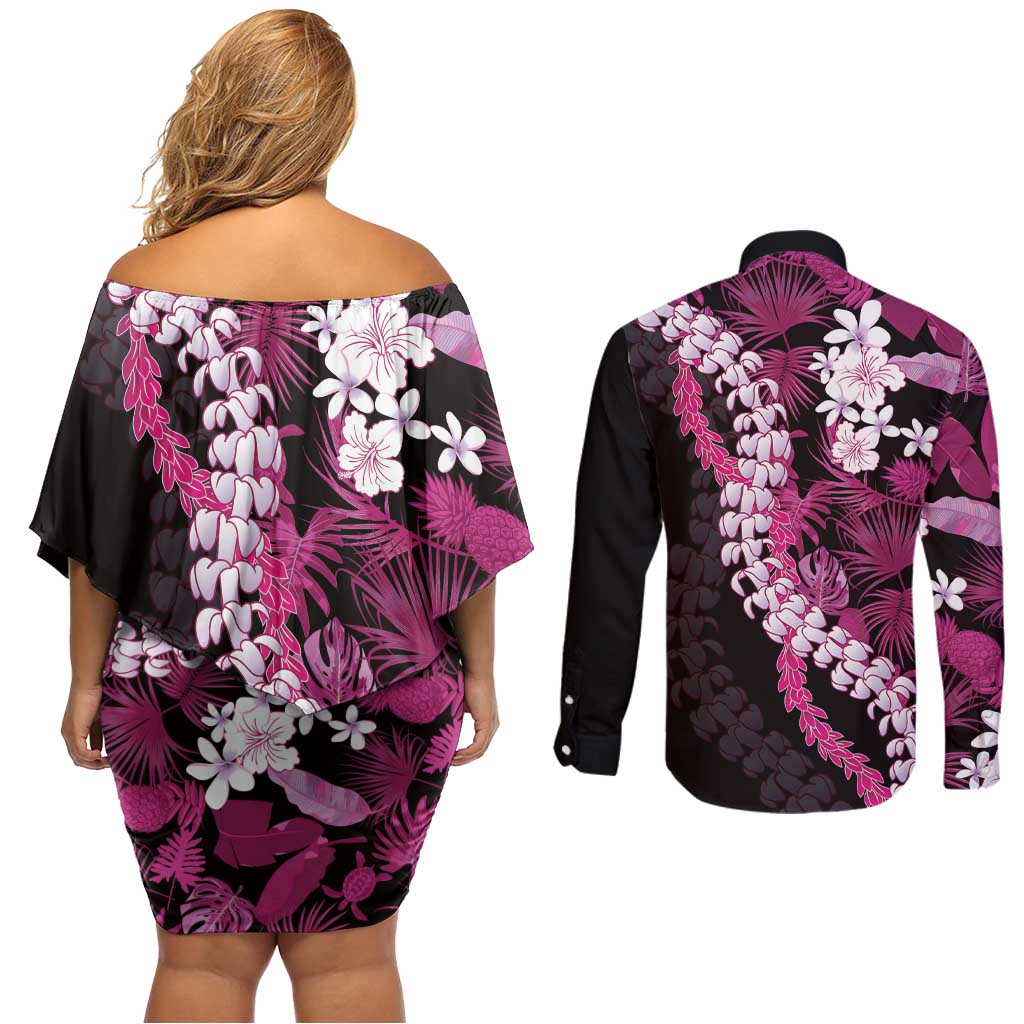 Akala Aloha Hawaii Lei Couples Matching Off Shoulder Short Dress and Long Sleeve Button Shirt Tropical Flowers Elegant Vibe - Polynesian Pride