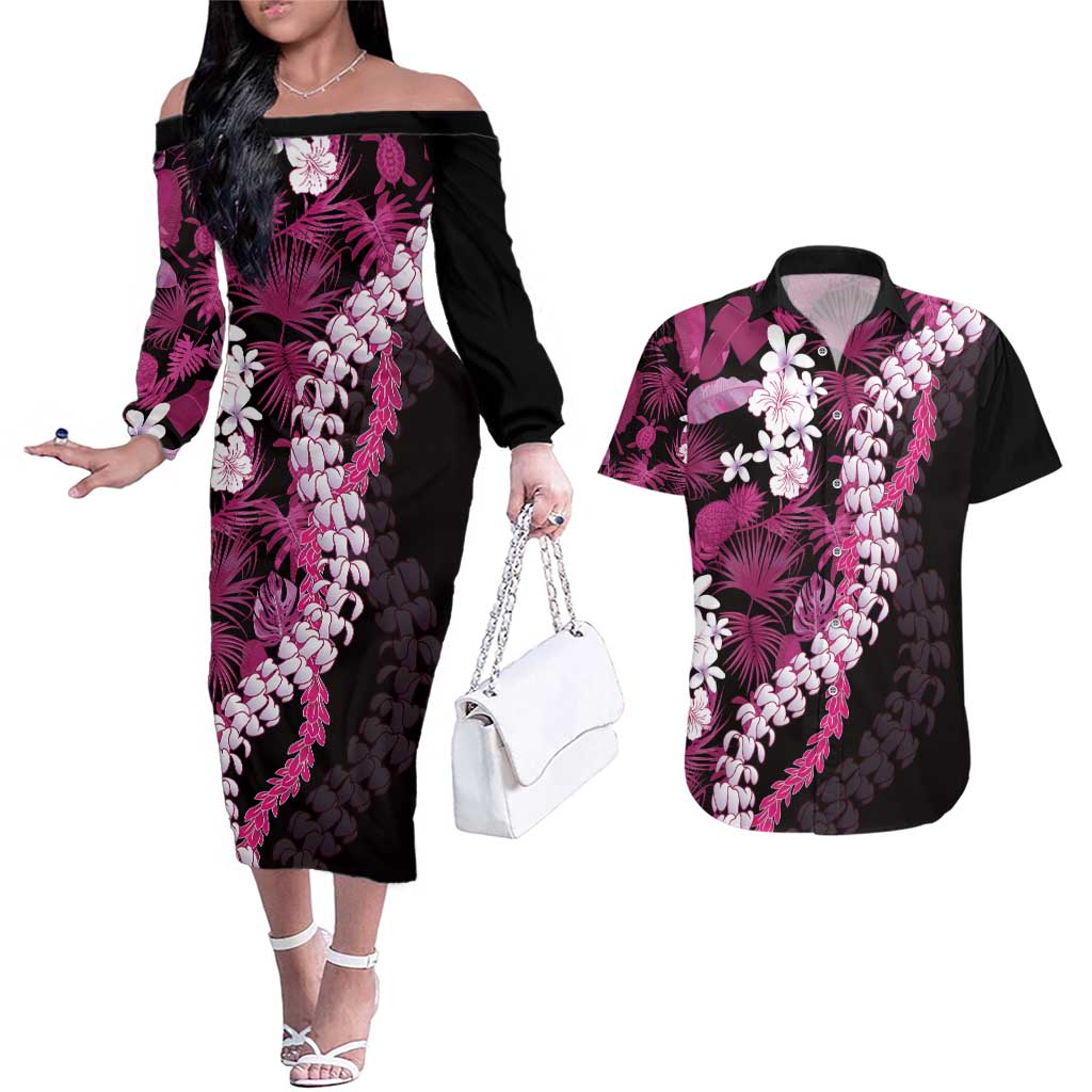 Akala Aloha Hawaii Lei Couples Matching Off The Shoulder Long Sleeve Dress and Hawaiian Shirt Tropical Flowers Elegant Vibe - Polynesian Pride