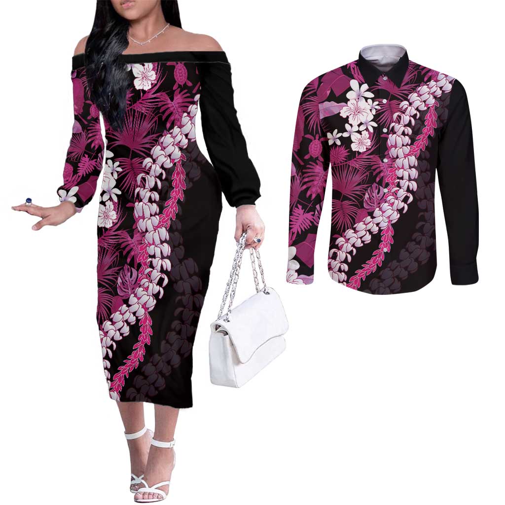 Akala Aloha Hawaii Lei Couples Matching Off The Shoulder Long Sleeve Dress and Long Sleeve Button Shirt Tropical Flowers Elegant Vibe - Polynesian Pride