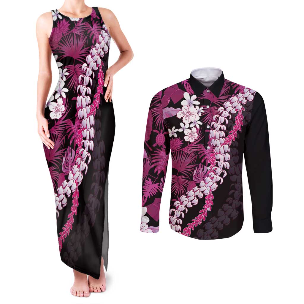 Akala Aloha Hawaii Lei Couples Matching Tank Maxi Dress and Long Sleeve Button Shirt Tropical Flowers Elegant Vibe - Polynesian Pride