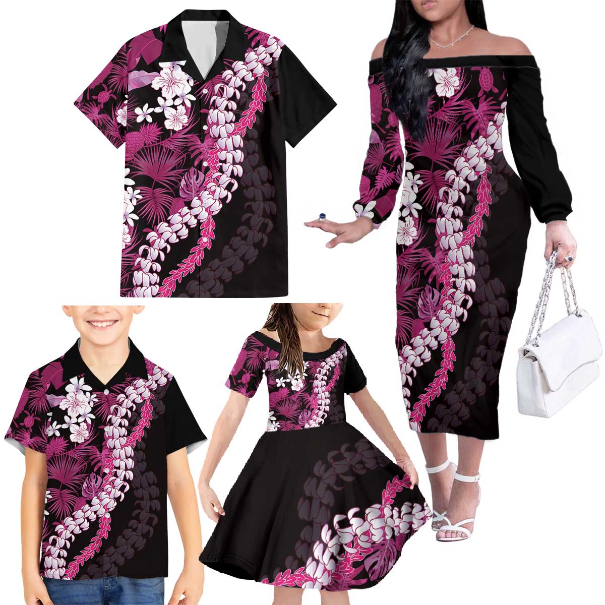 Akala Aloha Hawaii Lei Family Matching Off The Shoulder Long Sleeve Dress and Hawaiian Shirt Tropical Flowers Elegant Vibe - Polynesian Pride