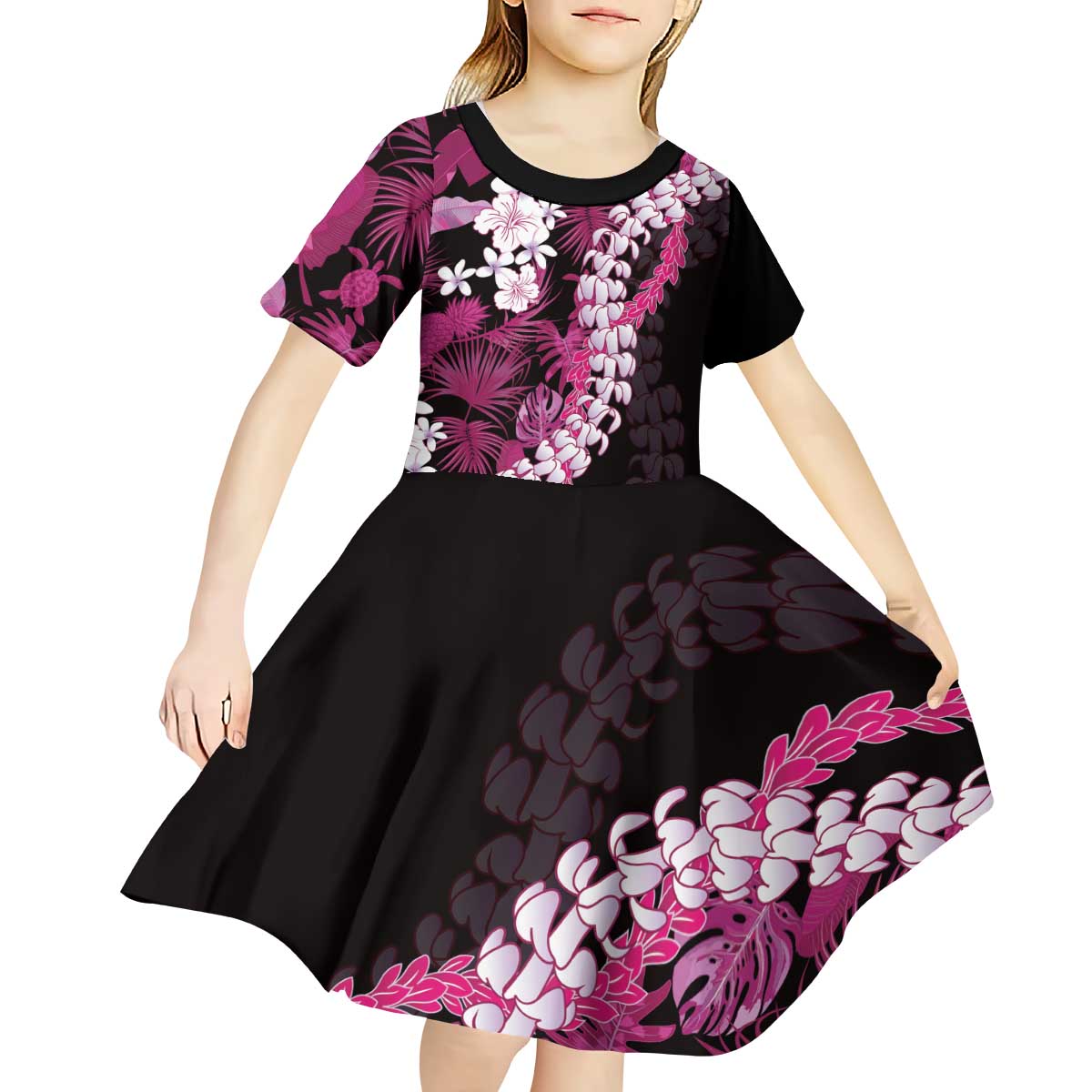 Akala Aloha Hawaii Lei Kid Short Sleeve Dress Tropical Flowers Elegant Vibe - Polynesian Pride