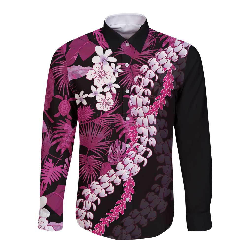 Akala Aloha Hawaii Lei Long Sleeve Button Shirt Tropical Flowers Elegant Vibe LT14 Unisex Pink - Polynesian Pride