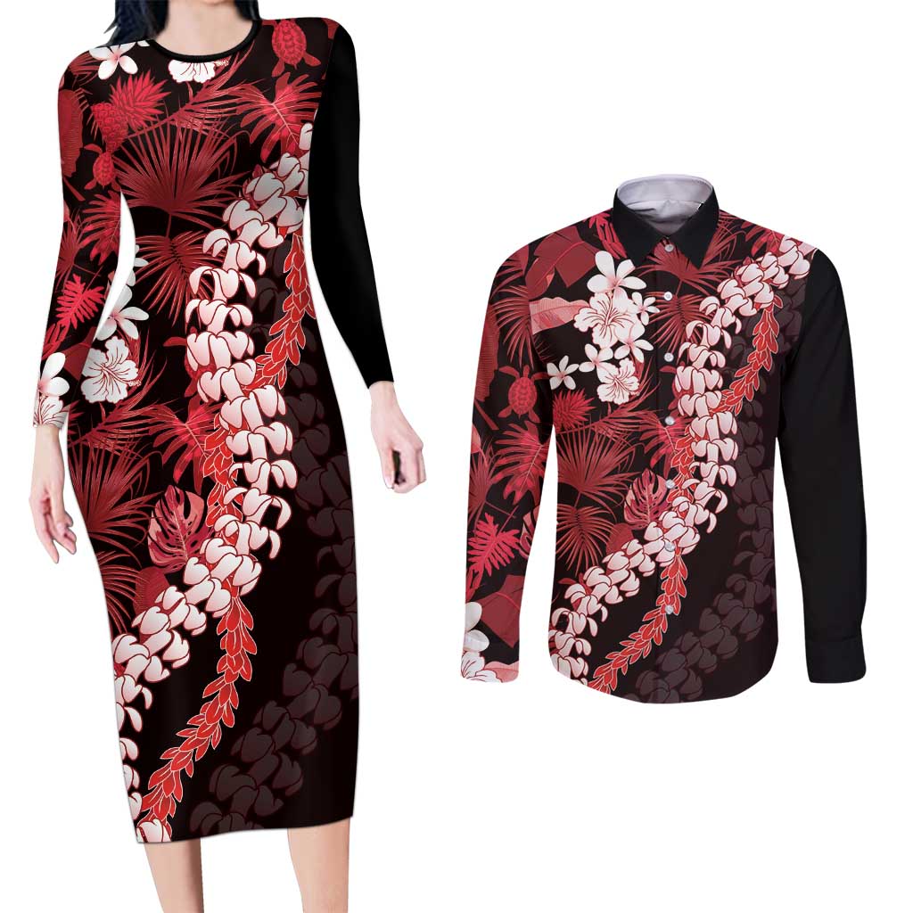 Ulaula Aloha Hawaii Lei Couples Matching Long Sleeve Bodycon Dress and Long Sleeve Button Shirt Tropical Flowers Elegant Vibe - Polynesian Pride