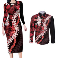Ulaula Aloha Hawaii Lei Couples Matching Long Sleeve Bodycon Dress and Long Sleeve Button Shirt Tropical Flowers Elegant Vibe - Polynesian Pride