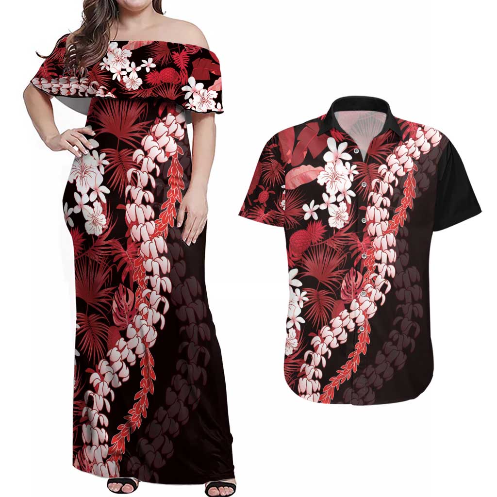 Ulaula Aloha Hawaii Lei Couples Matching Off Shoulder Maxi Dress and Hawaiian Shirt Tropical Flowers Elegant Vibe - Polynesian Pride