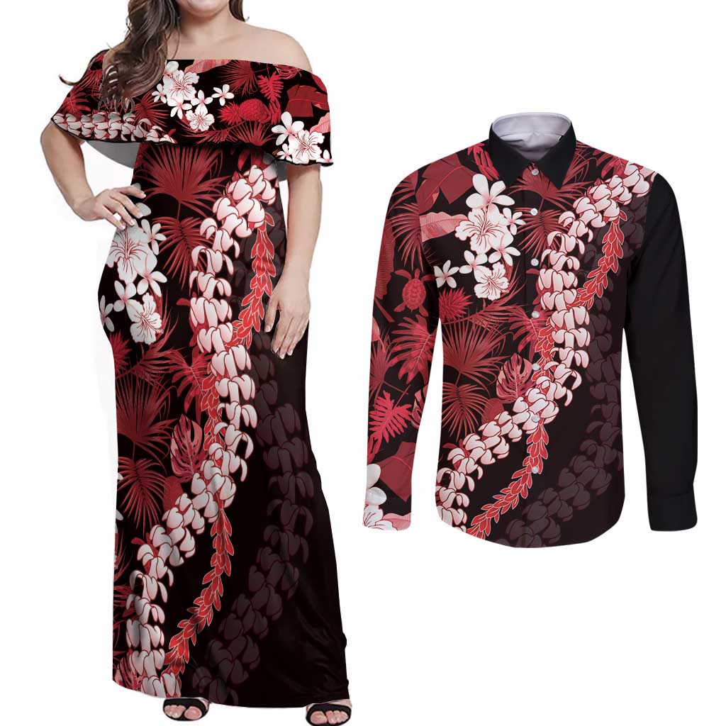 Ulaula Aloha Hawaii Lei Couples Matching Off Shoulder Maxi Dress and Long Sleeve Button Shirt Tropical Flowers Elegant Vibe - Polynesian Pride
