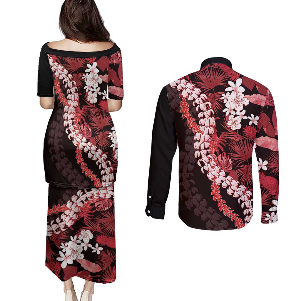 Ulaula Aloha Hawaii Lei Couples Matching Puletasi and Long Sleeve Button Shirt Tropical Flowers Elegant Vibe - Polynesian Pride