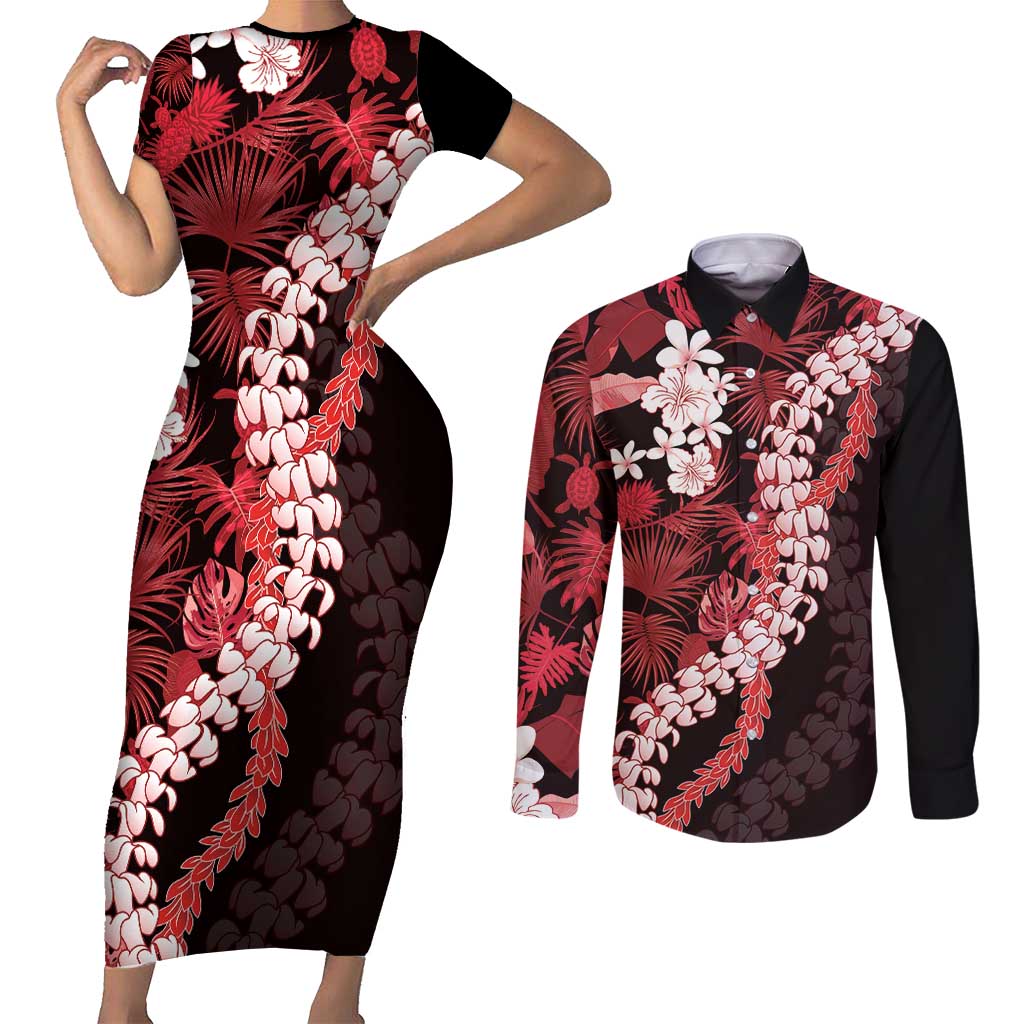 Ulaula Aloha Hawaii Lei Couples Matching Short Sleeve Bodycon Dress and Long Sleeve Button Shirt Tropical Flowers Elegant Vibe - Polynesian Pride