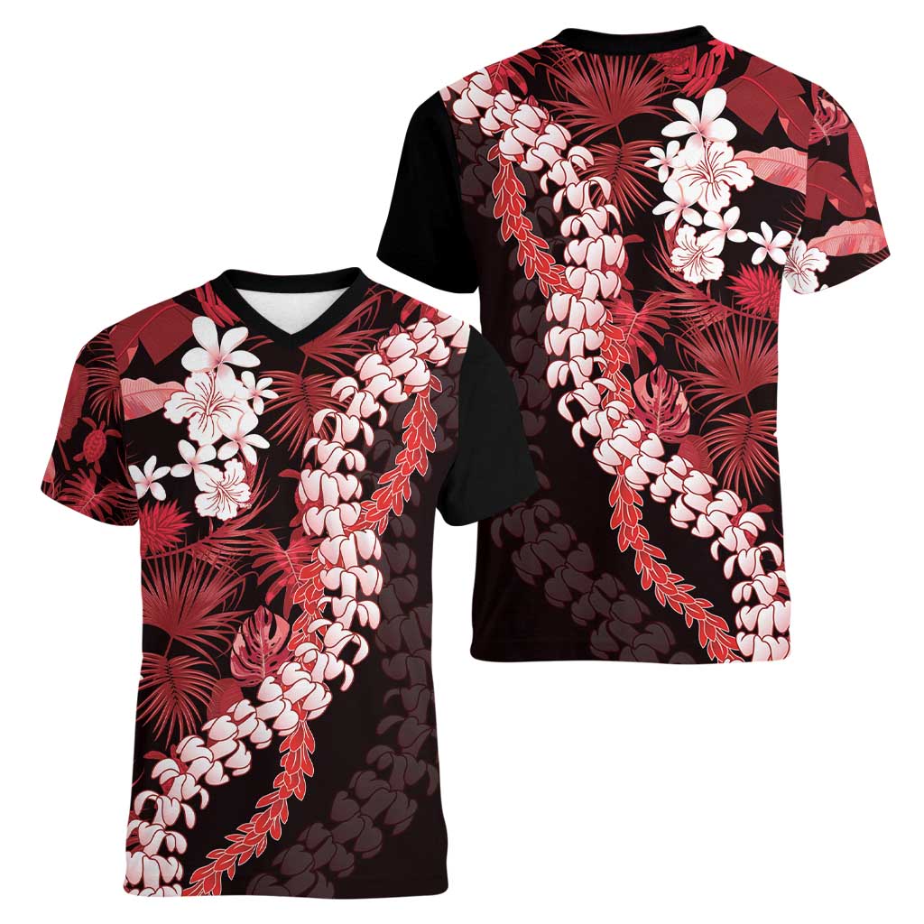Ulaula Aloha Hawaii Lei Women V-Neck T-Shirt Tropical Flowers Elegant Vibe - Polynesian Pride