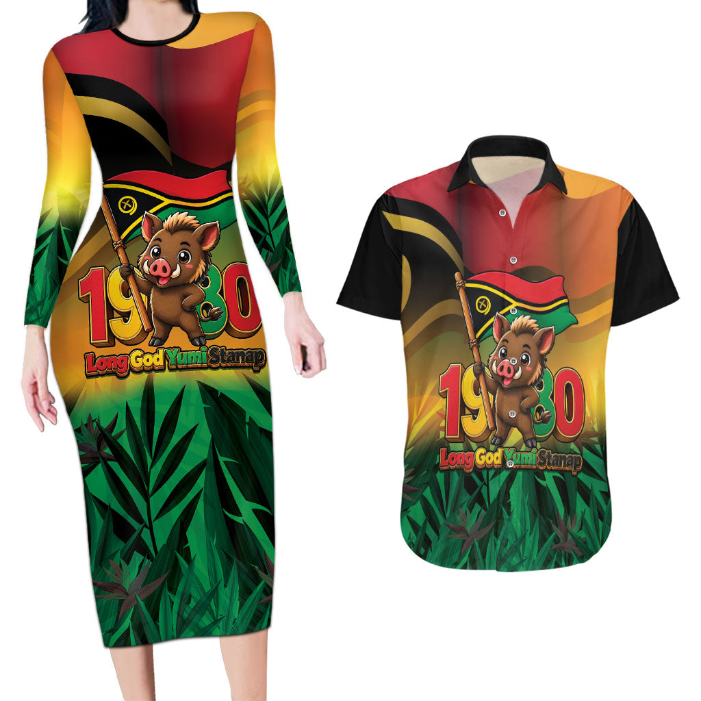 Vanuatu Independence Day Couples Matching Long Sleeve Bodycon Dress and Hawaiian Shirt Chibi Boar Proud To Be A Ni-Van LT14 Multicolor - Polynesian Pride