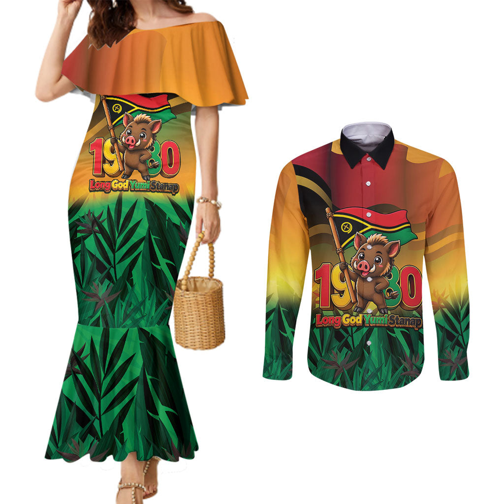 Vanuatu Independence Day Couples Matching Mermaid Dress and Long Sleeve Button Shirt Chibi Boar Proud To Be A Ni-Van LT14 Multicolor - Polynesian Pride