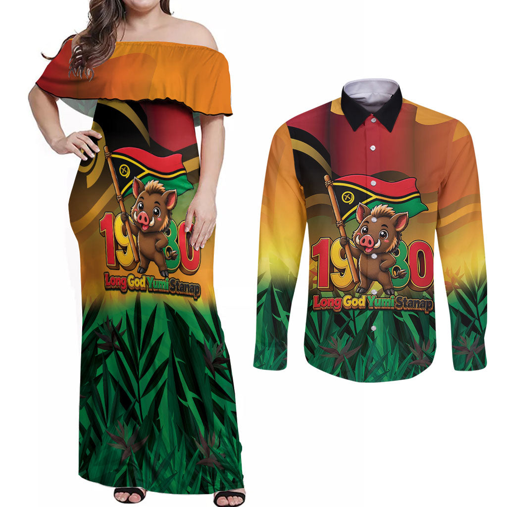 Vanuatu Independence Day Couples Matching Off Shoulder Maxi Dress and Long Sleeve Button Shirt Chibi Boar Proud To Be A Ni-Van LT14 Multicolor - Polynesian Pride