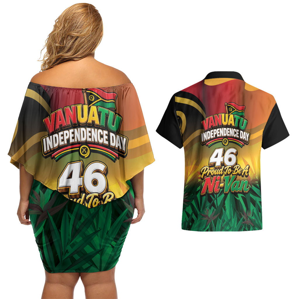 Vanuatu Independence Day Couples Matching Off Shoulder Short Dress and Hawaiian Shirt Chibi Boar Proud To Be A Ni-Van